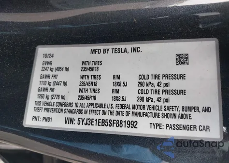 2025 Tesla Model 3 Long Range All-Wheel Drive from USA, damaged, VIN 5YJ3E1EB5SF881992